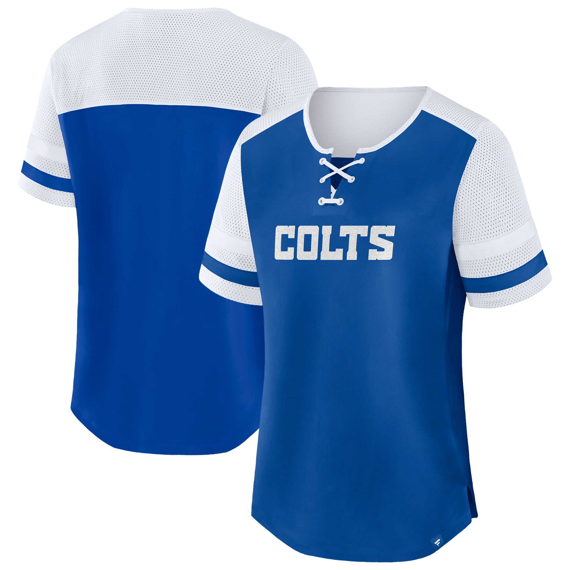 Women's Fanatics Royal/White Indianapolis Colts Plus Size Throwback Curl Route Lace-Up T-Shirt
